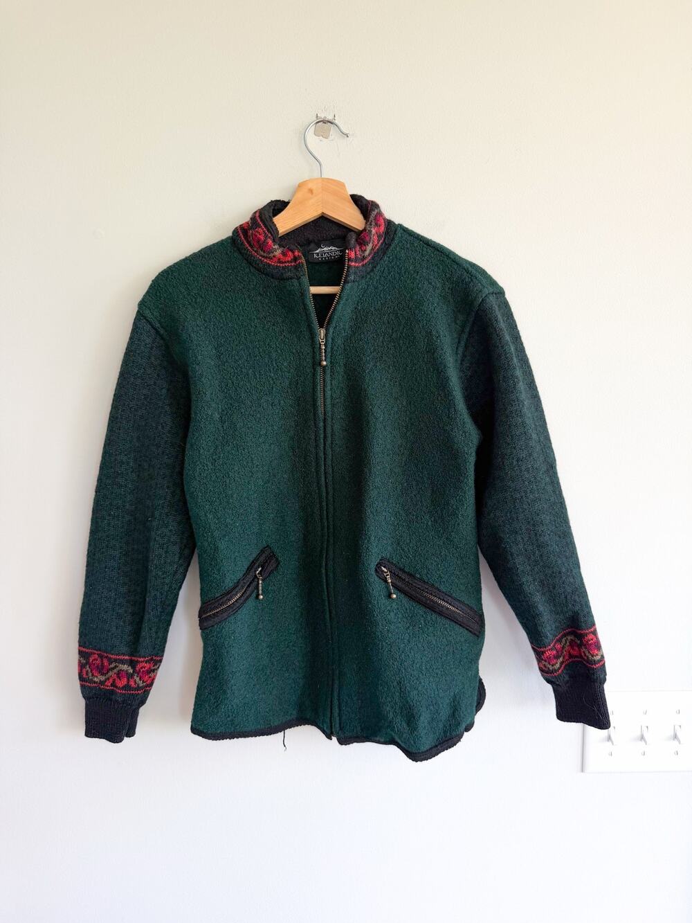 Icelandic Design Nordic Zip Up Wool Mock Neck Cardigan Green S